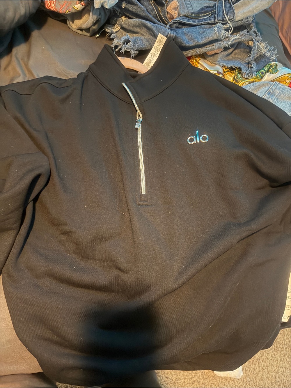 ALO Yoga Men’s Black Half-Zip Pullover with Light Blue Logo